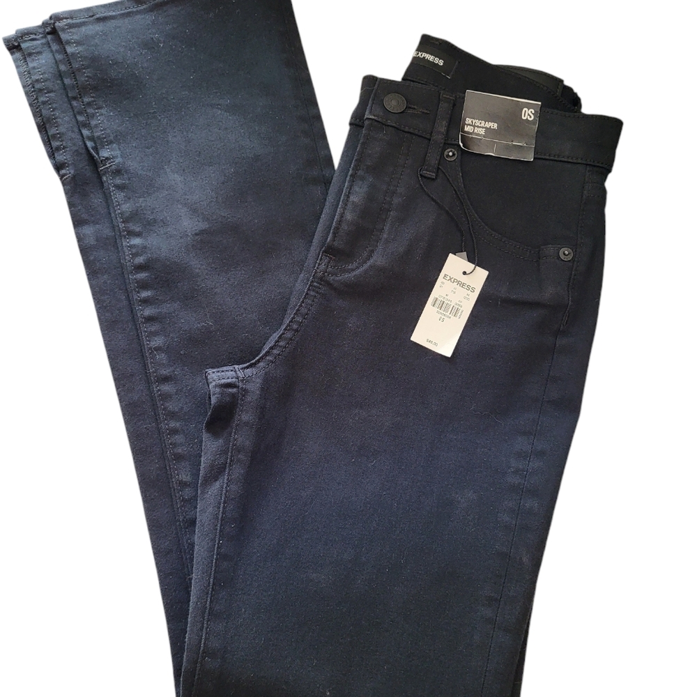 293B. NWT Express Skyscraper Mid Rise Black Denim Jeans - Size 0S - Picture 2 of 8